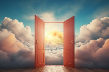 abstract modern background with bright light rays shining through the opening blue door in the sky with clouds, hope concept