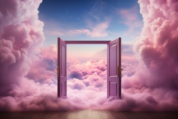 abstract modern background with bright light rays shining through the opening blue door in the sky with clouds, hope concept