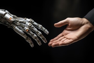 Human hand reaching for robot hand on black isolated background. The concept of artificial intelligence helping people. Development of AI and robotics technologies