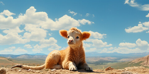 A Cow is sitting peacefully on a hill alone with sky background High quality photo