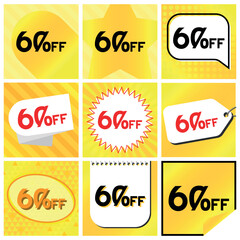 60% Discount Labels Set, 9 Variations - Ball Star in Stripes, Speech Bubble, Coupon, Starburst Stamp, Price Tag, Oval, Calendar, Sticker. Yellow Orange Background