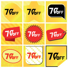 70% Discount Labels Set, 9 Variations - Ball Star in Stripes, Speech Bubble, Coupon, Starburst Stamp, Price Tag, Oval, Calendar, Sticker. Yellow Orange Background