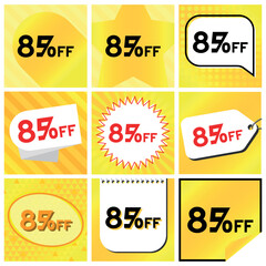 85% Discount Labels Set, 9 Variations - Ball Star in Stripes, Speech Bubble, Coupon, Starburst Stamp, Price Tag, Oval, Calendar, Sticker. Yellow Orange Background