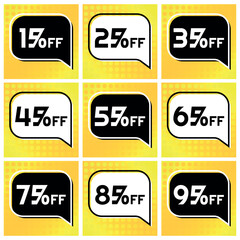 Numbers Discounts Set - Black and White Speech Bubble Label in Square Shaped Image of 15%, 25%, 35%, 45%, 55%, 65%, 75%, 85% and 95% off. Orange and Yellow Background