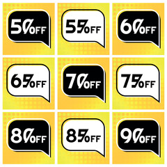 Numbers Discounts Set - Black and White Speech Bubble Label in Square Shaped Image of 50%, 55%, 60%, 65%, 70%, 75%, 80%, 85% and 90% off. Orange and Yellow Background