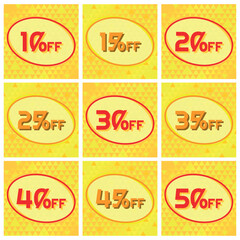 Fototapeta na wymiar Numbers Discounts Set - Oval into Down Triangles Label in Square Shaped Image of 10%, 15%, 20%, 25%, 30%, 35%, 40%, 45% and 50% off. Orange and Yellow Background