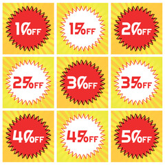 Numbers Discounts Set - Starburst Stamp Label in Square Shaped Image of 10%, 15%, 20%, 25%, 30%, 35%, 40%, 45% and 50% off. Orange and Yellow Background