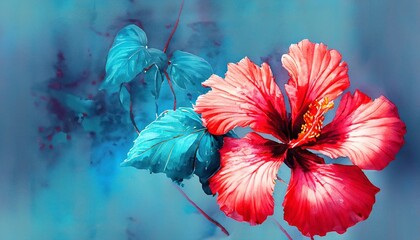 red hibiscus flower on blue background suitable for cover
