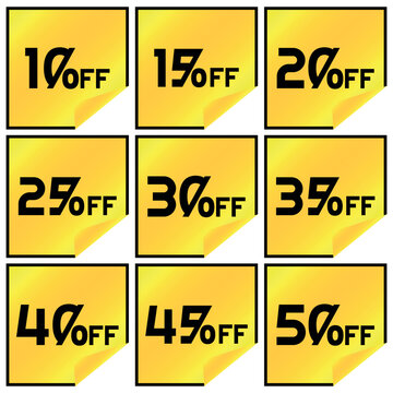 Numbers Discounts Set - Sticker Label With Transparent Tip In Square Shaped Image Of 10%, 15%, 20%, 25%, 30%, 35%, 40%, 45% And 50% Off. Orange And Yellow Background