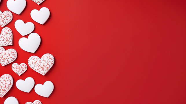 Valentine card with white hearts on a red background, copy space