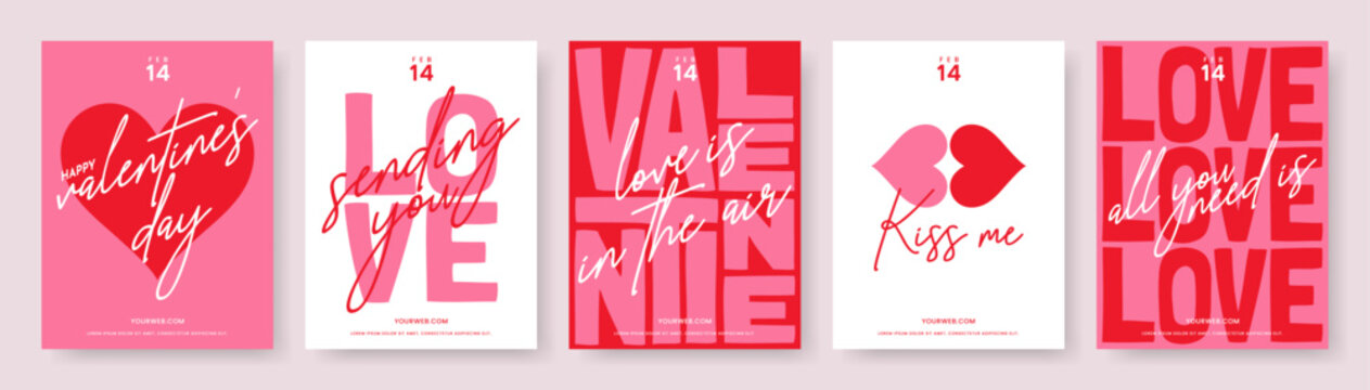 Valentine's day lettering card collection. Cute love sale flyer template, poster, label, ad, copy space, cover, banner design set. Modern typography art background. Trendy style. Vector illustration.
