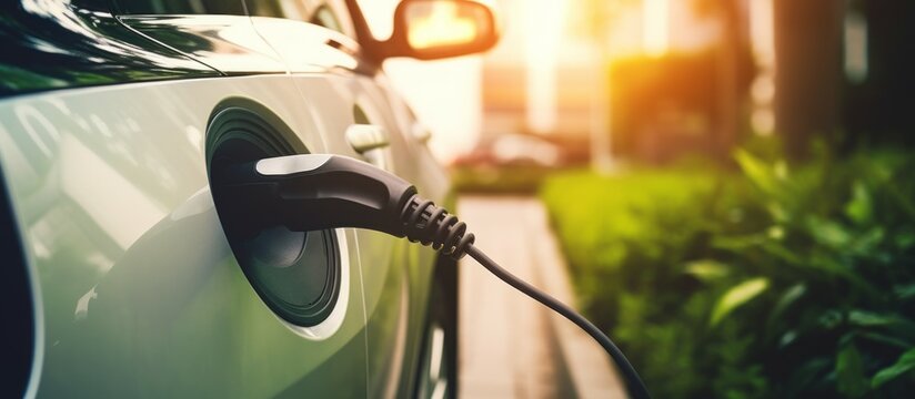 Generic electric vehicle EV hybrid car is being charged from a wallbox 