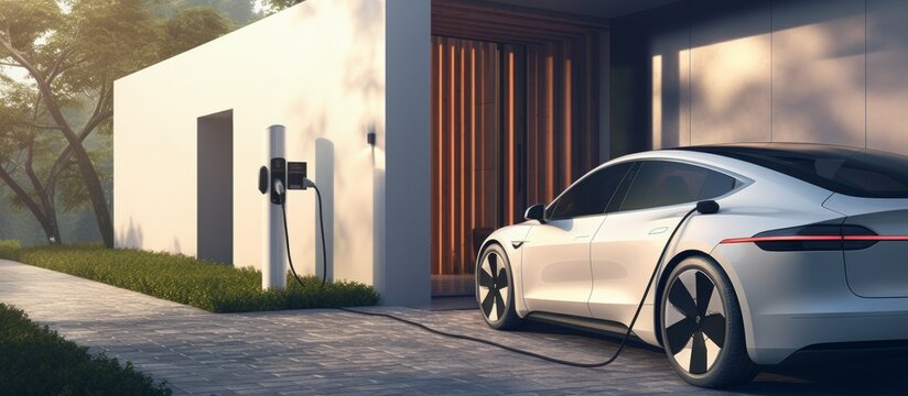 Generic electric vehicle EV hybrid car is being charged from a wallbox on a contemporary modern residential building house
