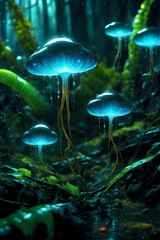 Fototapeta premium Bioluminescent in Dunt jungle, magical alien macro mini, Colorful marine life in a vibrant coral reef ecosystem as like as bioluminescent jellyfish and bioluminescent mushrooms Portrait HD wallpaper