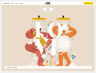 Fototapeta premium Valentine: Shared Routine - modern flat vector concept illustration of a couple engaging in a playful shower routine together. Metaphor of intimacy in daily life, unity, affection, love, connection