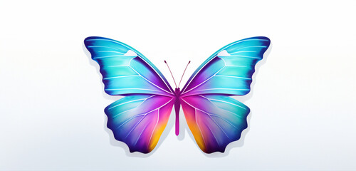 A delicate and colorful butterfly perched on a smooth, matte white background.