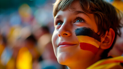 Child soccer supporter with the German national colors painted on his face. Concept of supporting a team and excitement for the sport.
