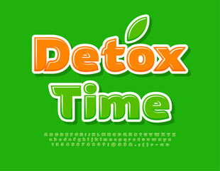 Vector healthy Emblem Detox Time. Green Glossy Font. Stylish Alphabet Letters and Number set. 