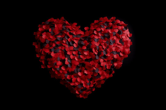Crafted Passion: Big Red Heart Composed of Tiny Red and Black Paper Notes, A Love Symphony on a Bold Black Canvas