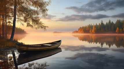 A peaceful sunset scene on a calm lake with reflections and a rowing boat