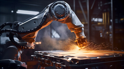 Giant metal gray robotic arm working on a conveyor belt in an empty car manufacturing industry room, throwing fire sparks. System automation, automobile production, logistics process