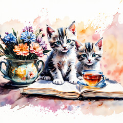niedliche Katzen Babys Tierbaby Kätzchen mit großen Augen auf einem geöffneten Buch mit Blumen in bunten Wasserfarben Zwillinge, Geschwister