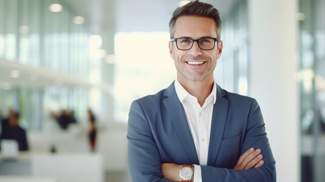 portrait of smiling and friendly looking middle aged attractive businessman