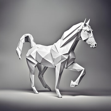 Pferd Hengst Bauernhof in geometrischen Formen, wie 3D Papier in weiß wie Origami Falttechnik Reittier Symbol Wappentier Logo Vorlage wildlebende Tiere