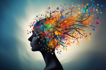 Colorful tree growing out of the outline of a human head, depicting the concept of neurodiversity, autism spectrum disorder, ASD or ADHD - 701376590