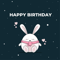 Obraz na płótnie Canvas Cute vector illustration. Cartoon rabbit on a blue background with snow. Title Happy Birthday.