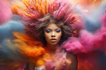Obraz na płótnie Canvas Portrait of a black woman in the midst of a color powder explosion
