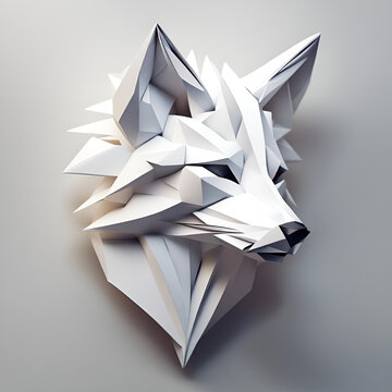 Wolf Fuchs Kopf in geometrischen Formen, wie 3D Papier in weiß wie Origami Falttechnik Jäger Symbol Wappentier Logo Vorlage wildlebende Tiere