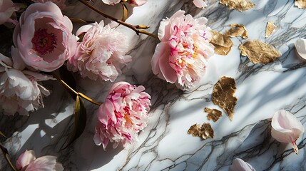 Enchanting pale pink romantic peony flowers on a shiny marble stage decorated with golden gilts and paths.