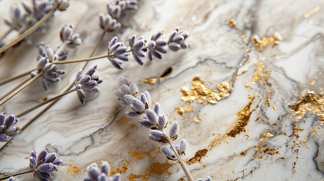 White lavender buds painted with gold spread on white marble background richly decorated with gold. 