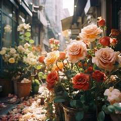 Vibrant Valentine's Day Flower Market Scene with Beautiful Bouquet of Roses - Lovely, Romantic Atmosphere - AI Generated