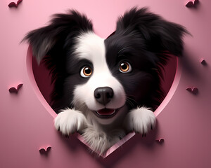 lovely black and white puppy peeking through a heart shaped pink hole against pink background..Valentine's Day, Romance, and Love Card.  Generative AI