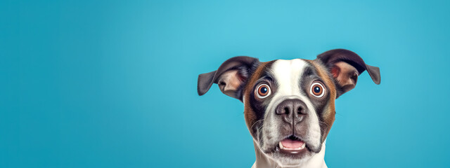  The image features a dog with a surprised expression and large, wide-open eyes on a blue background. - obrazy, fototapety, plakaty
