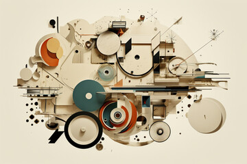 An abstract collage composition utilizing a mix of found objects, digital renderings, and abstract shapes arranged in a harmonious yet unpredictable arrangement.