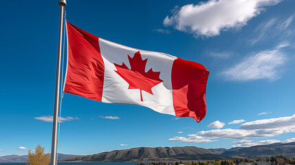 Iconic Canadian Flag Waving Proudly on a Flag Pole, Blue Background