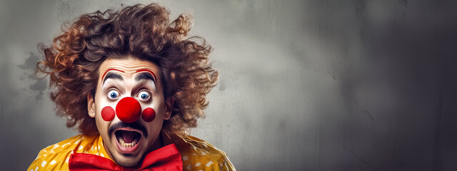 The image displays a clown with an exaggerated surprised expression, curly hair, a red nose, and colorful costume on a grey background.