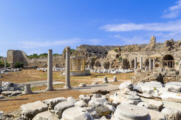 Ancient ruins of Greek buildings in Side, Turkey