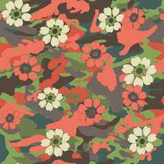 Colorful flower on camouflage background seamless pattern