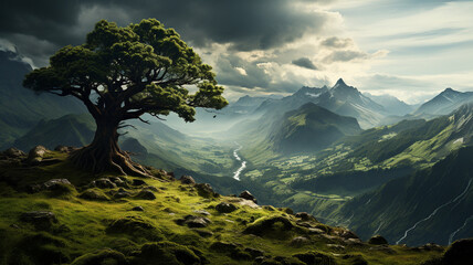 an old and knotted tree on a grass covered hillside