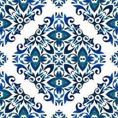 Vintage damask floral seamless ornamental watercolor arabesque paint tile design pattern for tile decor.