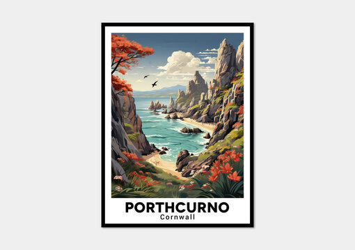 Porthcurno, Cornwall. Vintage Travel Posters. Vector art. Famous Tourist Destinations Posters Art Prints Wall Art and Print Set Abstract Travel for Hikers Campers Living Room Decor