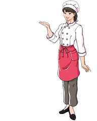 笑顔でご案内ポーズをするパティシエの若い女性