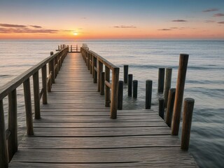 Obraz premium Wooden pier on the beach at beautiful sunset in the evening