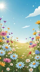 Fototapeta na wymiar The image depicts a field of colorful wildflowers under a clear sky with shades of dawn or dusk. Flowers of various types and colors, such as poppies and daisies, stand at varying heights, presenting 