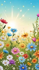 The image depicts a field of colorful wildflowers under a clear sky with shades of dawn or dusk. Flowers of various types and colors, such as poppies and daisies, stand at varying heights, presenting 