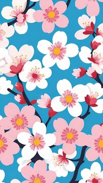 Fantasia Floreale in Stile Grafico , motivo floreale molto colorato con rami che presentano fiori di diverse dimensioni e colori